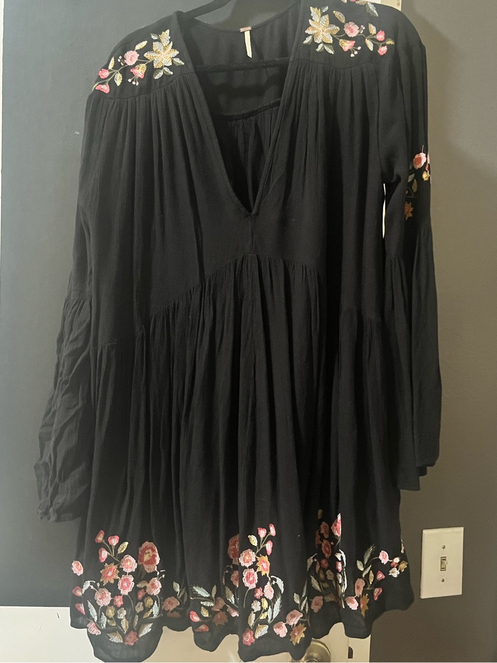 Free People Black Floral Embroidered Boho Tunic